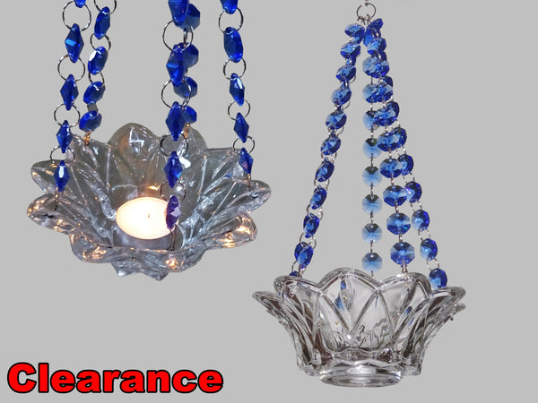CLEARANCE Blue Glass Chandelier Tea Light Candle Holder Wedding Event or Garden Feature