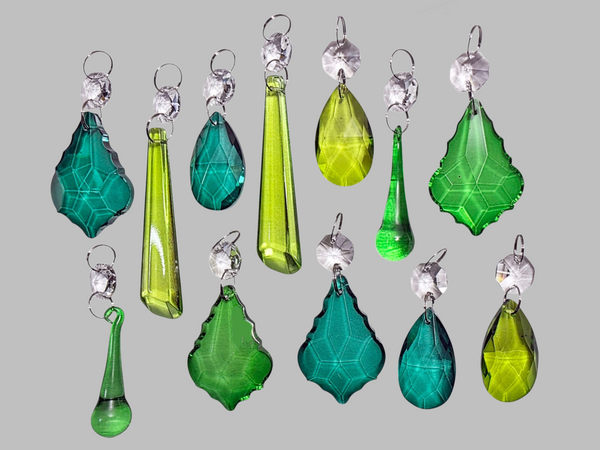 12 Chandelier Sage Emerald Peacock Green Set Cut Glass UK Crystals Beads Prisms Droplets