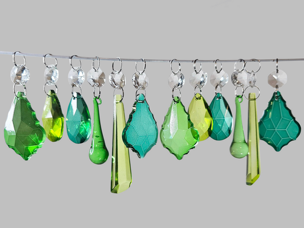 12 Chandelier Sage Emerald Peacock Green Set Cut Glass UK Crystals Beads Prisms Droplets 3