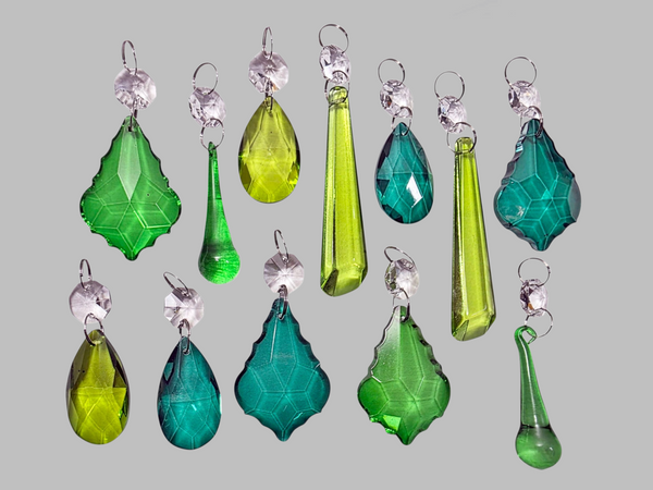 12 Chandelier Sage Emerald Peacock Green Set Cut Glass UK Crystals Beads Prisms Droplets 2