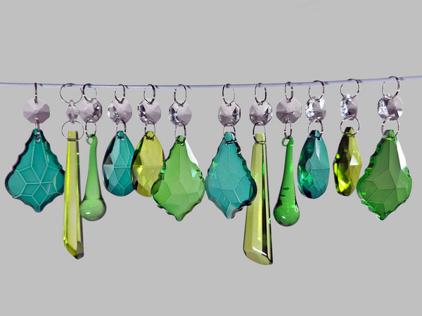 12 Chandelier Sage Emerald Peacock Green Set Cut Glass UK Crystals Beads Prisms Droplets 10