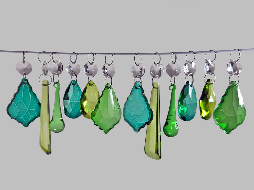12 Chandelier Sage Emerald Peacock Green Set Cut Glass UK Crystals Beads Prisms Droplets 1