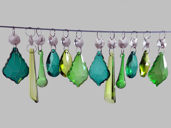 12 Chandelier Sage Emerald Peacock Green Set Cut Glass UK Crystals Beads Prisms Droplets 7