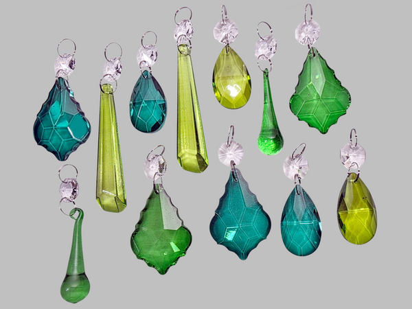 12 Chandelier Sage Emerald Peacock Green Set Cut Glass UK Crystals Beads Prisms Droplets 6