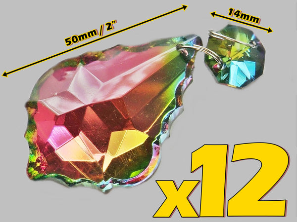 12 Vitrail AB Iridescent Silver Back Cut Glass Leaf 50 mm 2" Chandelier Crystals Drops Beads Droplets 2