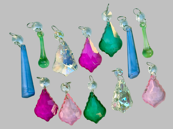 12 Chandelier Drops Cut Glass UK Crystals Beads June Colours Prisms Droplets Light Parts 8