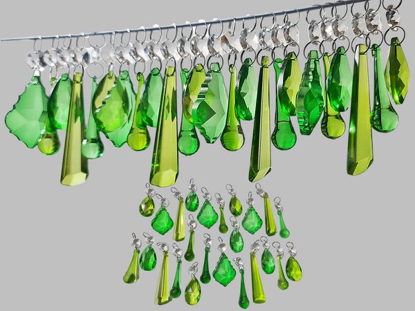 24 Sage & Emerald Green Chandelier Drops Crystals Beads Prism Droplets Mix Cut Glass 1
