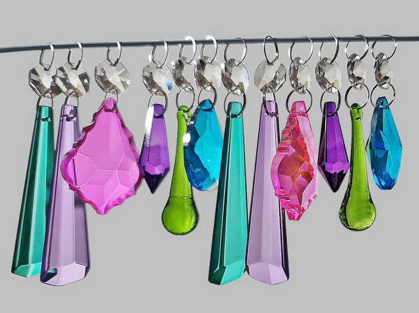 12 Chandelier Drops Cut Glass Crystals Beads Tropical Colours Prisms Droplets Light Parts 10