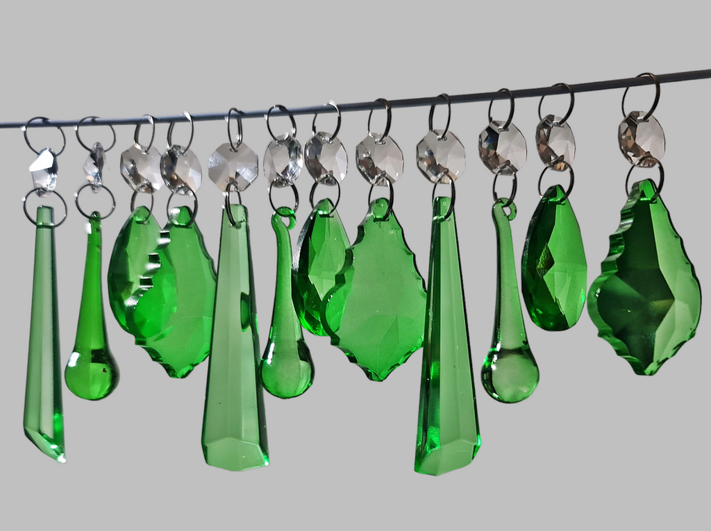 12 Emerald Green Chandelier Drops Cut Glass UK Crystals Beads Droplets Lamp Light Prisms Parts 1