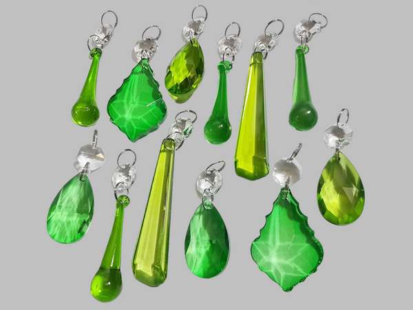 12 Chandelier Drops Sage & Emerald Green Set Cut Glass UK Crystals Beads Prisms Droplets 5