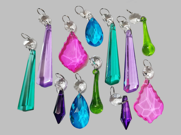 12 Chandelier Drops Cut Glass Crystals Beads Tropical Colours Prisms Droplets Light Parts 9