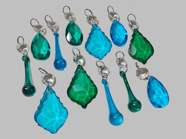 12 Peacock & Teal Chandelier Drops Crystals Beads Droplets Cut Glass Prisms Light Lamp Parts 6