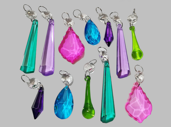 12 Chandelier Drops Cut Glass Crystals Beads Tropical Colours Prisms Droplets Light Parts 3