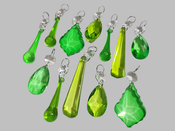 12 Chandelier Drops Sage & Emerald Green Set Cut Glass UK Crystals Beads Prisms Droplets 9