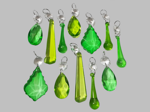 12 Chandelier Drops Sage & Emerald Green Set Cut Glass UK Crystals Beads Prisms Droplets 11