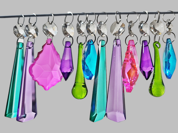12 Chandelier Drops Cut Glass Crystals Beads Tropical Colours Prisms Droplets Light Parts 8