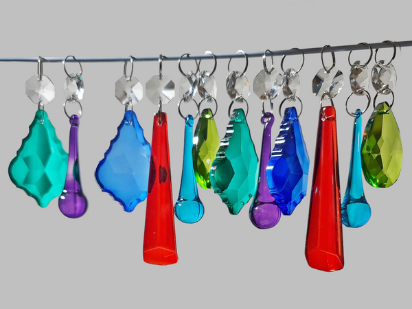 12 Chandelier Drops Cut Glass Crystals Beads Antique Colours Prisms Droplets Light Parts 3