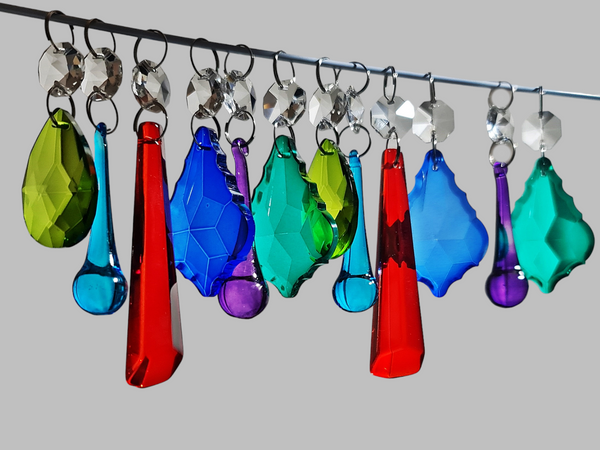 12 Chandelier Drops Cut Glass Crystals Beads Antique Colours Prisms Droplets Light Parts 1