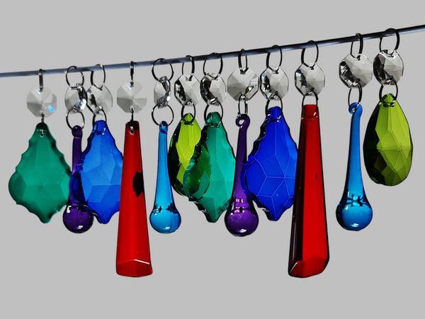12 Chandelier Drops Cut Glass Crystals Beads Antique Colours Prisms Droplets Light Parts 8