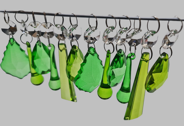 12 Chandelier Drops Sage & Emerald Green Set Cut Glass UK Crystals Beads Prisms Droplets 12