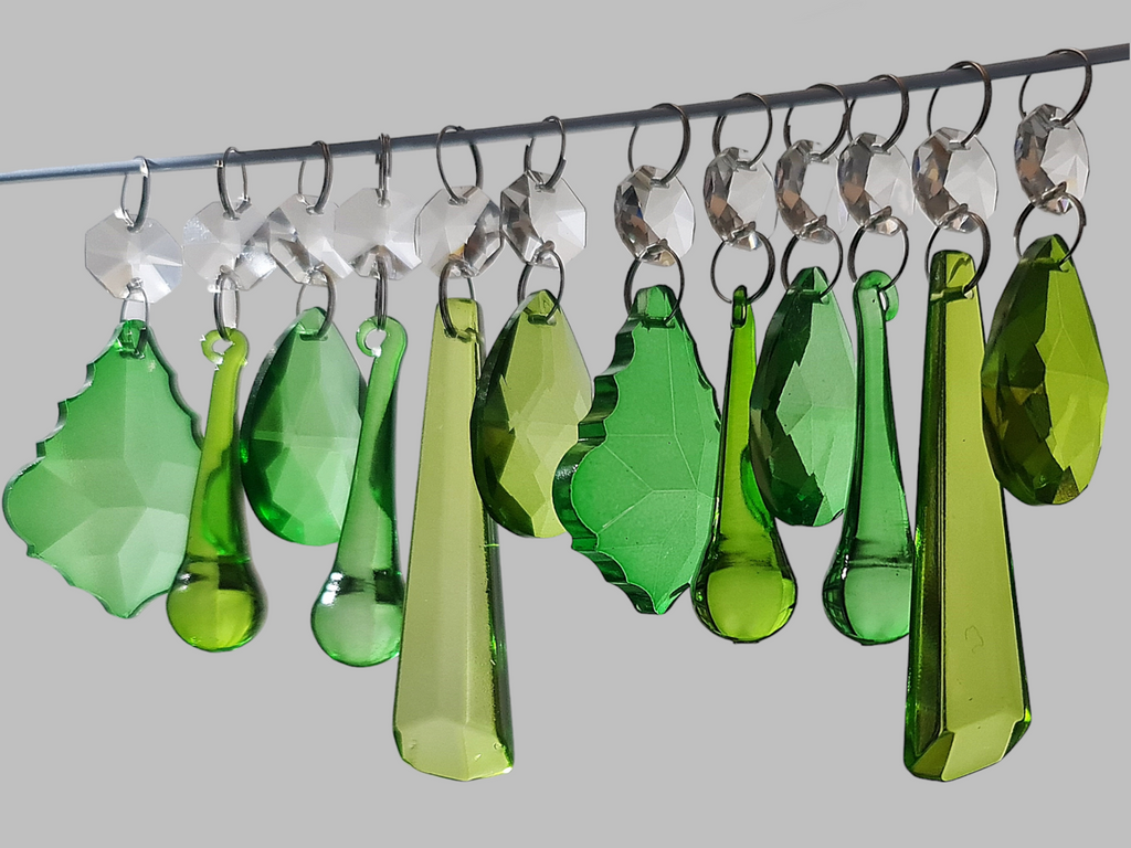 12 Chandelier Drops Sage & Emerald Green Set Cut Glass UK Crystals Beads Prisms Droplets 1