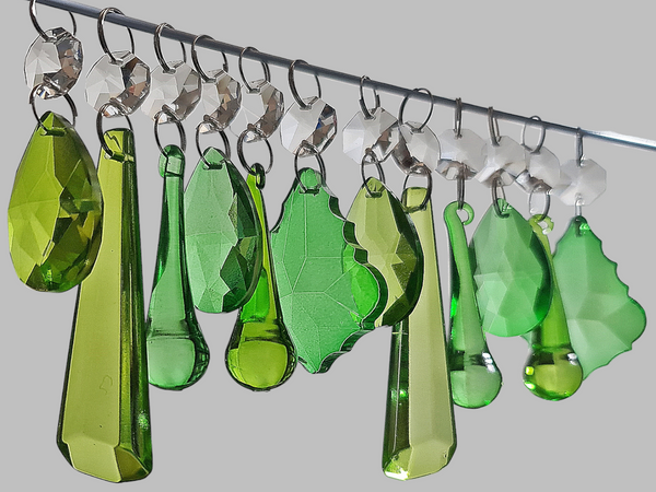 12 Chandelier Drops Sage & Emerald Green Set Cut Glass UK Crystals Beads Prisms Droplets 4