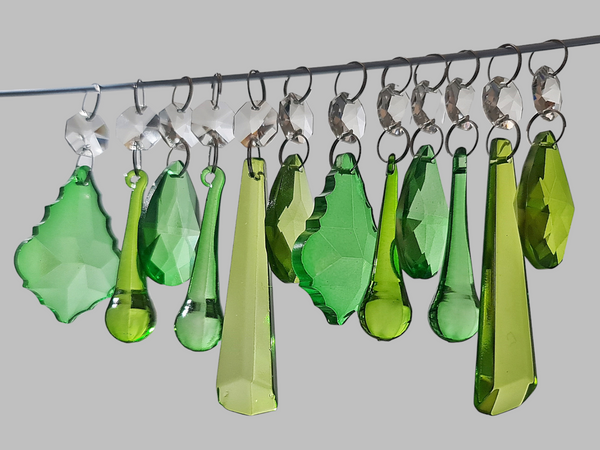12 Chandelier Drops Sage & Emerald Green Set Cut Glass UK Crystals Beads Prisms Droplets 6