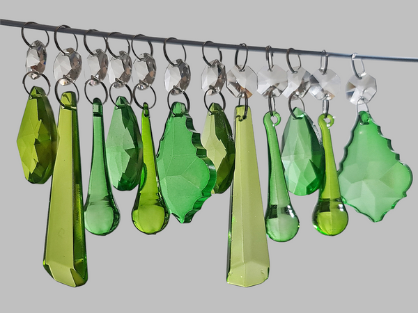 12 Chandelier Drops Sage & Emerald Green Set Cut Glass UK Crystals Beads Prisms Droplets 8