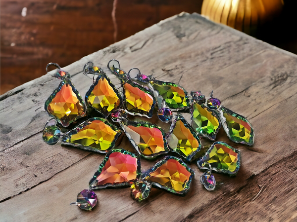 12 Vitrail AB Iridescent Silver Back Cut Glass Leaf 50 mm 2" Chandelier Crystals Drops Beads Droplets 22