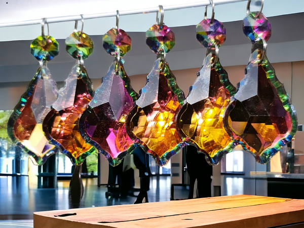 1 Vitrail AB Iridescent Silver Back Cut Glass Leaf 50 mm 2" Chandelier Crystals Drops Beads Droplets 7