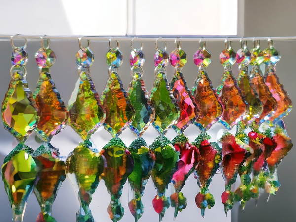 12 Vitrail AB Iridescent Silver Back Cut Glass Leaf 50 mm 2" Chandelier Crystals Drops Beads Droplets 24