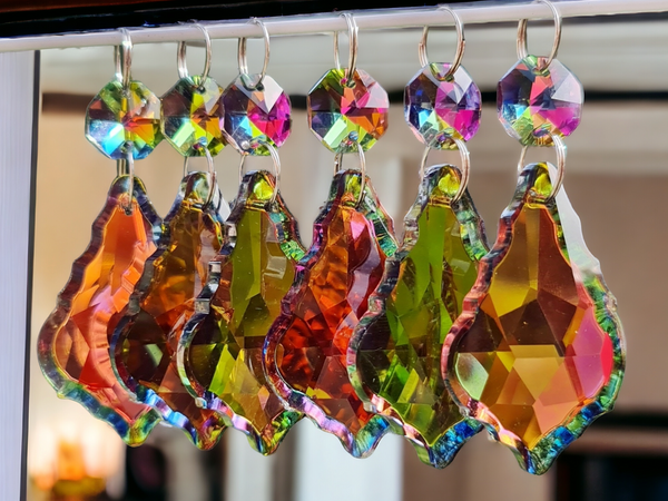 1 Vitrail AB Iridescent Silver Back Cut Glass Leaf 50 mm 2" Chandelier Crystals Drops Beads Droplets 8