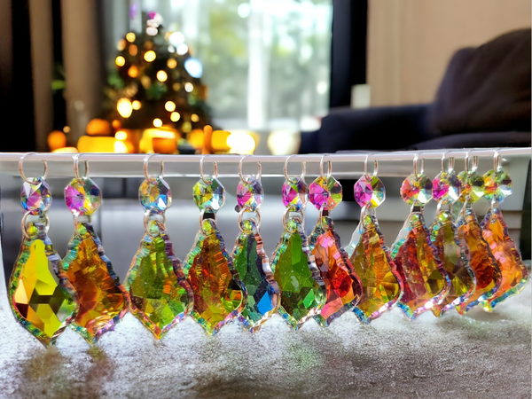 1 Vitrail AB Iridescent Silver Back Cut Glass Leaf 50 mm 2" Chandelier Crystals Drops Beads Droplets 9