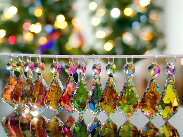 12 Vitrail AB Iridescent Silver Back Cut Glass Leaf 50 mm 2" Chandelier UK Crystals Drops Beads Droplets