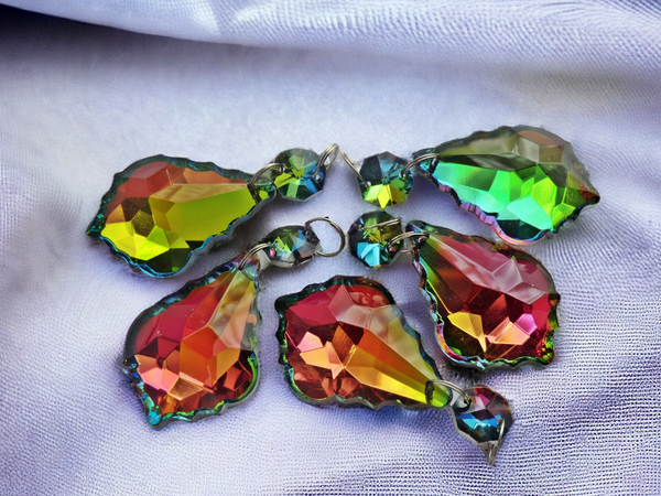 1 Vitrail AB Iridescent Silver Back Cut Glass Leaf 50 mm 2" Chandelier Crystals Drops Beads Droplets 4