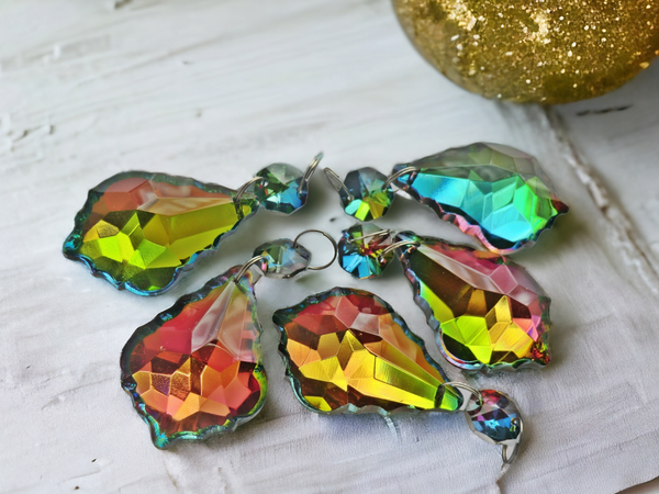 1 Vitrail AB Iridescent Silver Back Cut Glass Leaf 50 mm 2" Chandelier Crystals Drops Beads Droplets 5