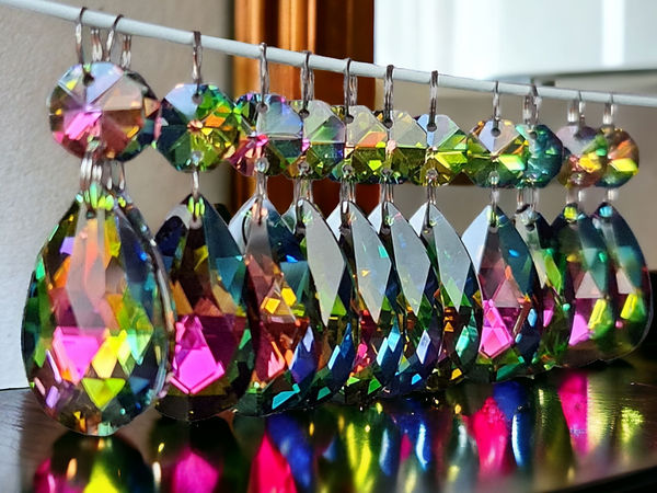 12 Vitrail AB Iridescent Silver Back Glass Oval 37 mm 1.5" Chandelier Crystals Drops Beads Droplets 13