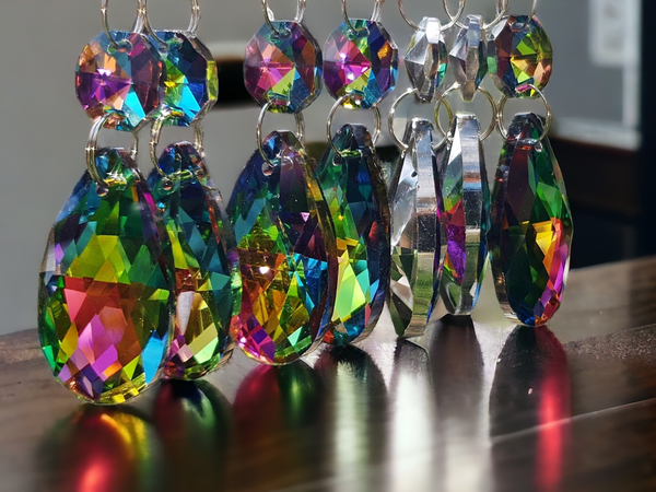 1 Vitrail AB Iridescent Silver Back Cut Glass Oval 37 mm 1.5" Chandelier Crystals Drops Beads Droplets 25