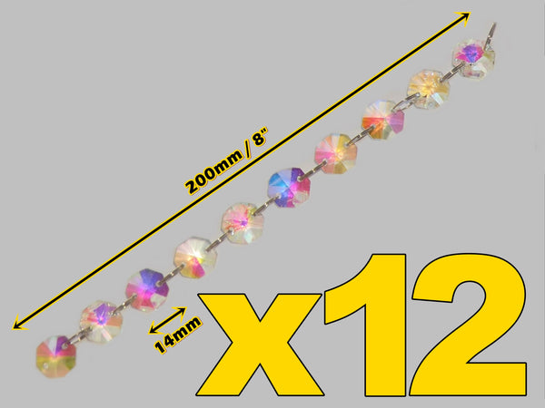 12 Strands Aurora Borealis AB 14mm Octagon Chandelier Drops Glass Crystals 2.4m Garland Beads Droplets 2