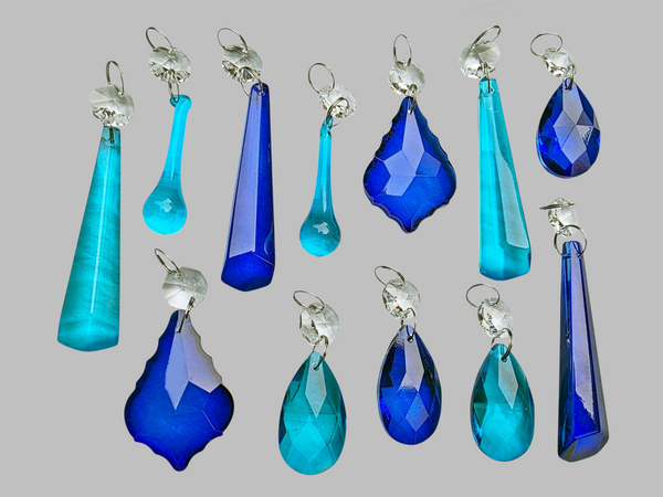 12 Chandelier Teal & Cobalt Blue Crystals Cut Glass Droplets Sun Catcher Prisms Beads Light Parts 6