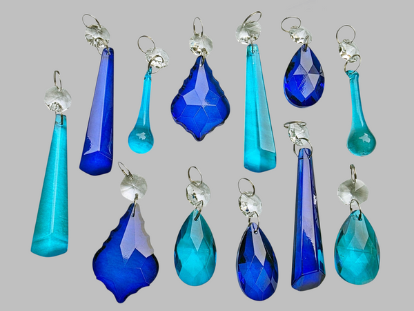 12 Chandelier Teal & Cobalt Blue Crystals Cut Glass Droplets Sun Catcher Prisms Beads Light Parts 8