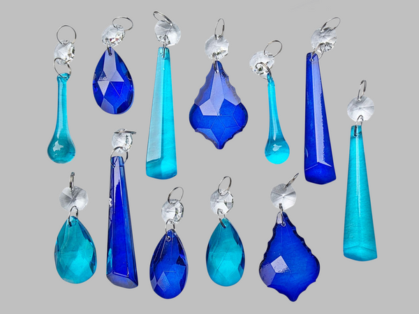 12 Chandelier Teal & Cobalt Blue Crystals Cut Glass Droplets Sun Catcher Prisms Beads Light Parts 4