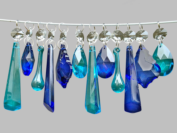 12 Chandelier Teal & Cobalt Blue Crystals Cut Glass Droplets Sun Catcher Prisms Beads Light Parts 9