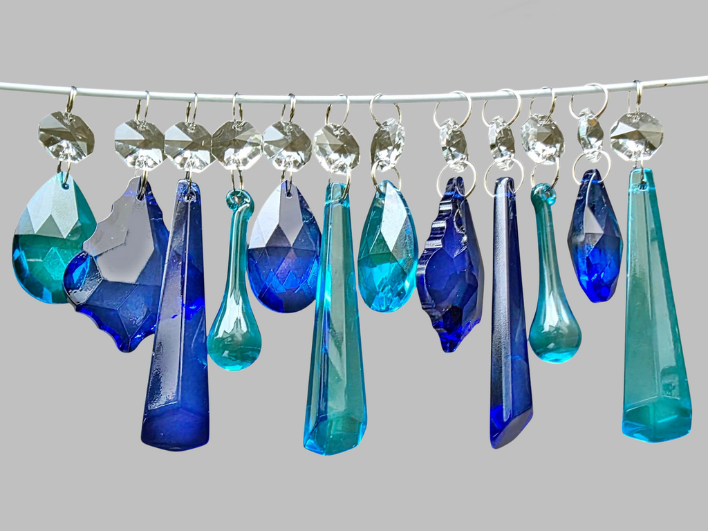 12 Chandelier Teal & Cobalt Blue Crystals Cut Glass Droplets Sun Catcher Prisms Beads Light Parts 1
