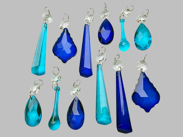 12 Chandelier Teal & Cobalt Blue Crystals Cut Glass Droplets Sun Catcher Prisms Beads Light Parts 2