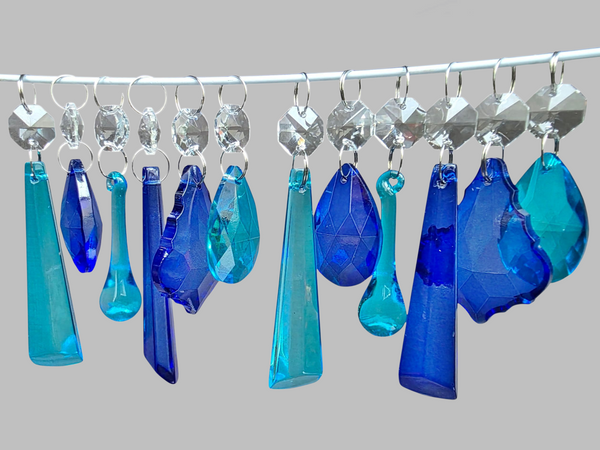 12 Chandelier Teal & Cobalt Blue Crystals Cut Glass Droplets Sun Catcher Prisms Beads Light Parts 5