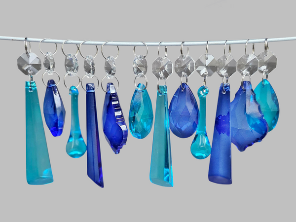 12 Chandelier Teal & Cobalt Blue Crystals Cut Glass Droplets Sun Catcher Prisms Beads Light Parts 7