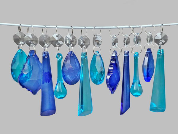12 Chandelier Teal & Cobalt Blue Crystals Cut Glass Droplets Sun Catcher Prisms Beads Light Parts 3