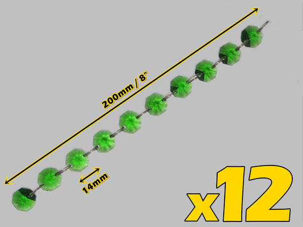 12 Strands Green 14mm Octagon Chandelier Drops Glass Crystals 2.4m Garland Beads Droplets 2