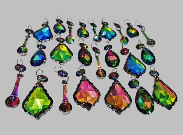 24 Vitrail Iridescent Chandelier Drops Cut Glass Crystals Beads Droplets Set Silver Backed Decorations 15